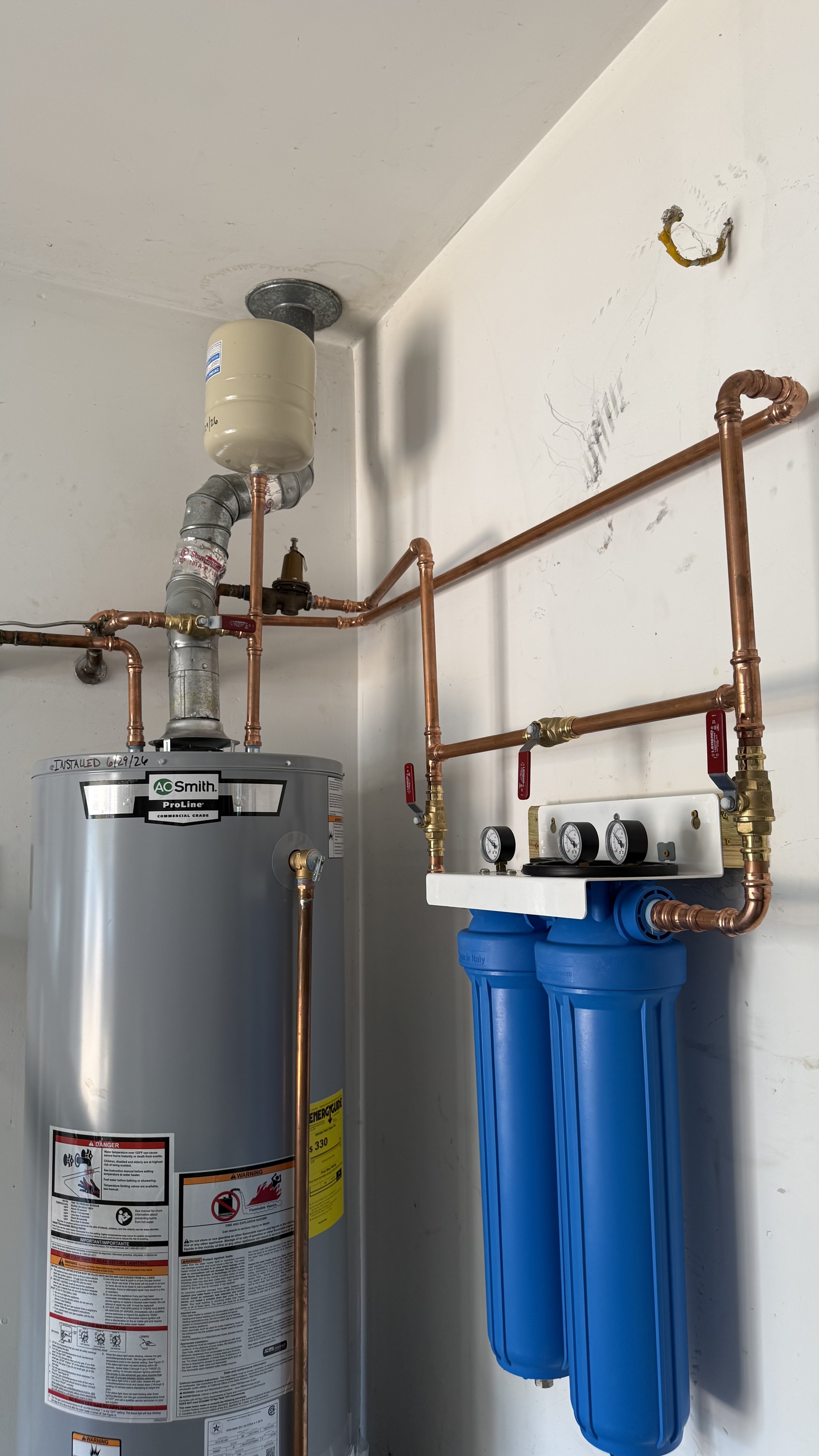 Water heater and filtration system with copper piping